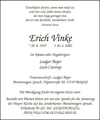 Traueranzeige von Erich Vinke von Neue Westfälische