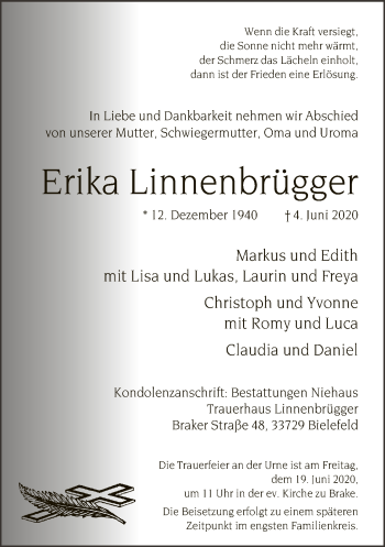 Traueranzeige von Erika Linnenbrügger von Neue Westfälische