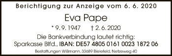 Traueranzeige von Eva Pape von Neue Westfälische