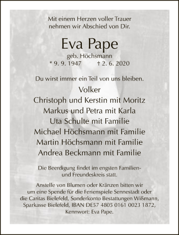 Traueranzeige von Eva Pape von Neue Westfälische