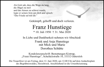 Traueranzeige von Franz Hunstiege von Neue Westfälische