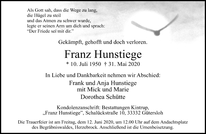  Traueranzeige für Franz Hunstiege vom 06.06.2020 aus Neue Westfälische