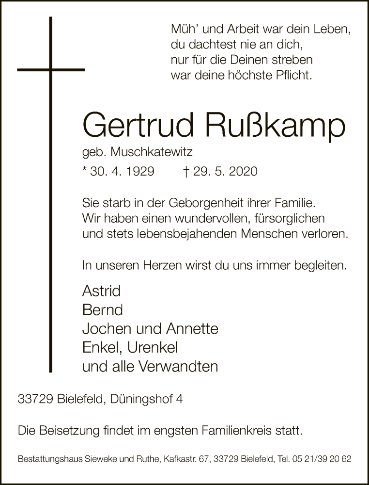  Traueranzeige für Gertrud Rußkamp vom 04.06.2020 aus Neue Westfälische