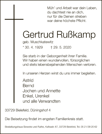 Traueranzeige von Gertrud Rußkamp von Neue Westfälische