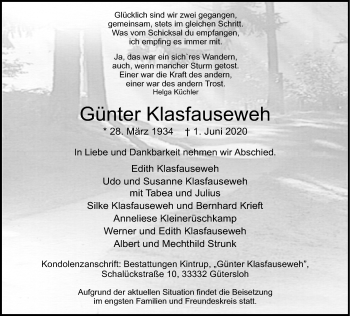 Traueranzeige von Günter Klasfauseweh von Neue Westfälische