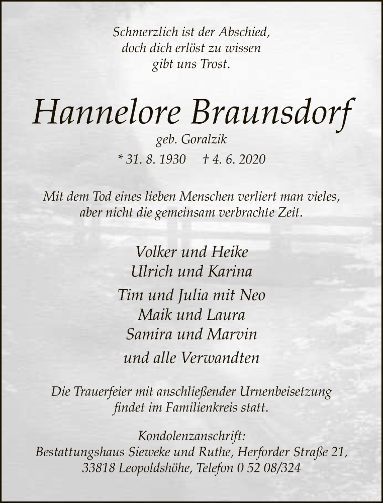  Traueranzeige für Hannelore Braunsdorf vom 08.06.2020 aus Neue Westfälische