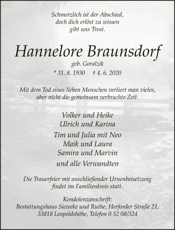 Traueranzeige von Hannelore Braunsdorf von Neue Westfälische