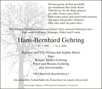 Traueranzeige von Hans-Bernhard Gehring von Neue Westfälische