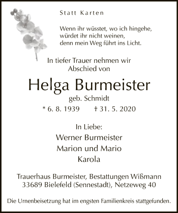 Traueranzeige von Helga Burmeister von Neue Westfälische