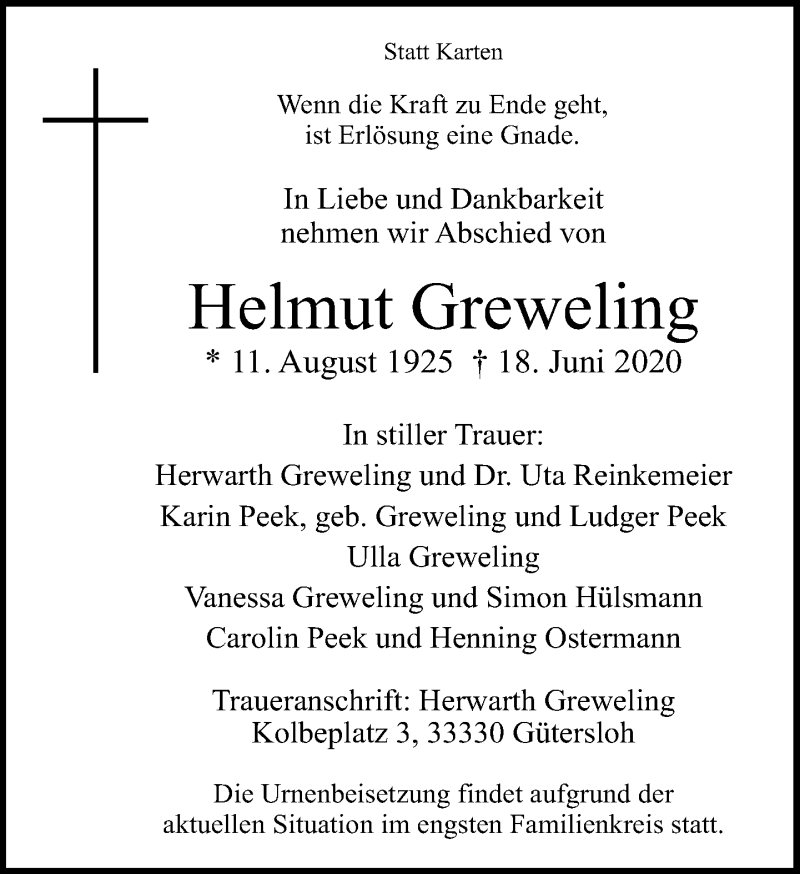  Traueranzeige für Helmut Greweling vom 27.06.2020 aus Neue Westfälische