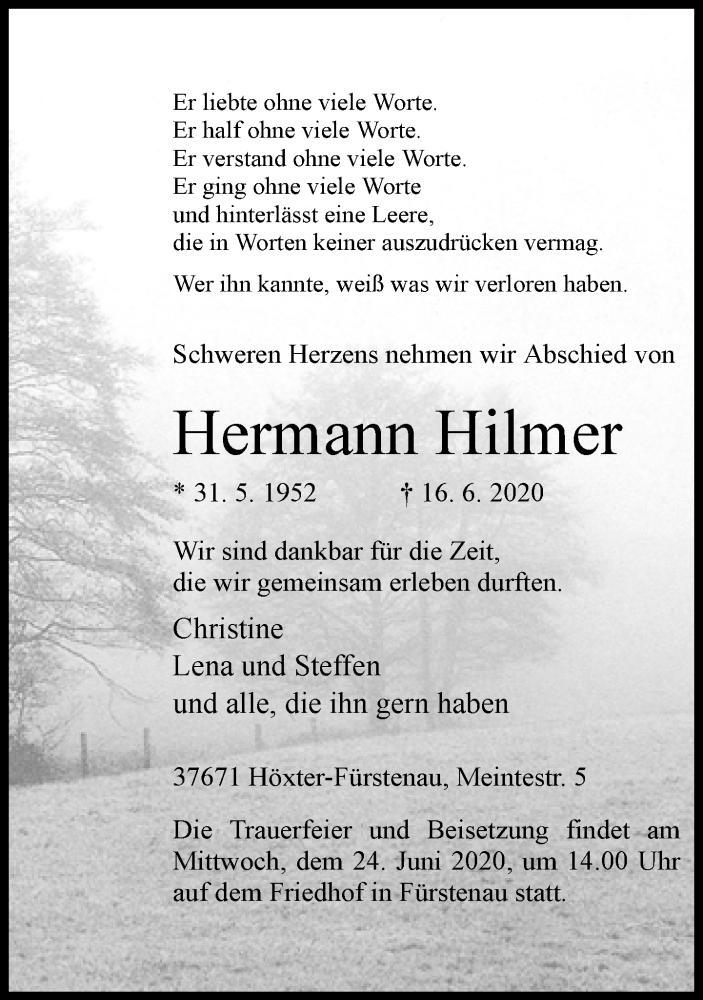  Traueranzeige für Hermann Hilmer vom 20.06.2020 aus Neue Westfälische