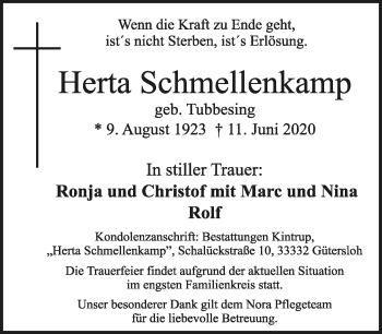 Traueranzeige von Herta Schmellenkamp von Neue Westfälische
