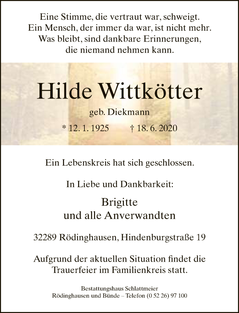  Traueranzeige für Hilde Wittkötter vom 20.06.2020 aus Neue Westfälische