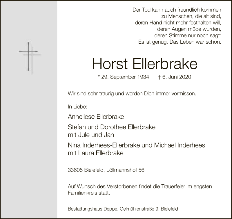  Traueranzeige für Horst Ellerbrake vom 13.06.2020 aus Neue Westfälische