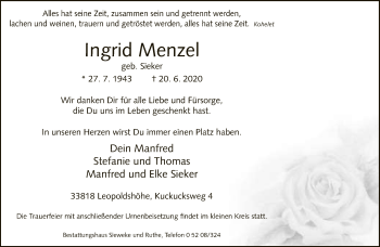 Traueranzeige von Ingrid Menzel von Neue Westfälische