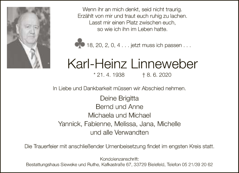  Traueranzeige für Karl-Heinz Linneweber vom 11.06.2020 aus Neue Westfälische
