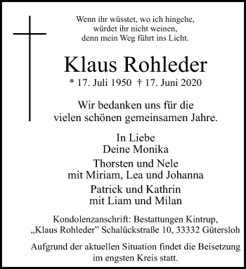 Traueranzeige von Klaus Rohleder von Neue Westfälische