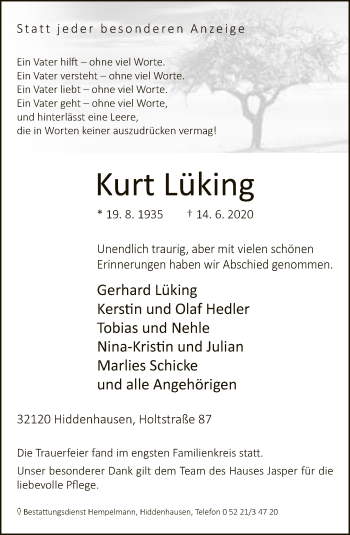 Traueranzeige von Kurt Lüking von Neue Westfälische