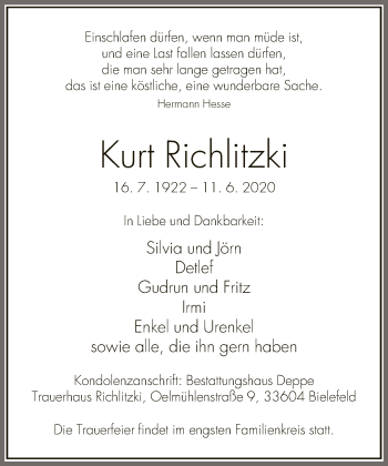Traueranzeige von Kurt Richlitzki von Neue Westfälische