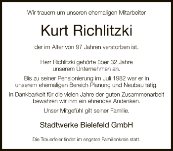 Traueranzeige von Kurt Richlitzki von Neue Westfälische