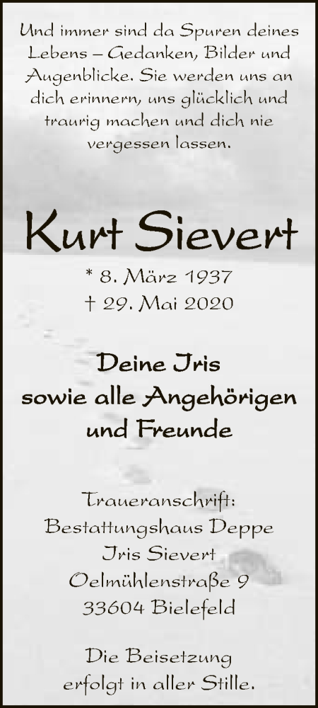  Traueranzeige für Kurt Sievert vom 06.06.2020 aus Neue Westfälische