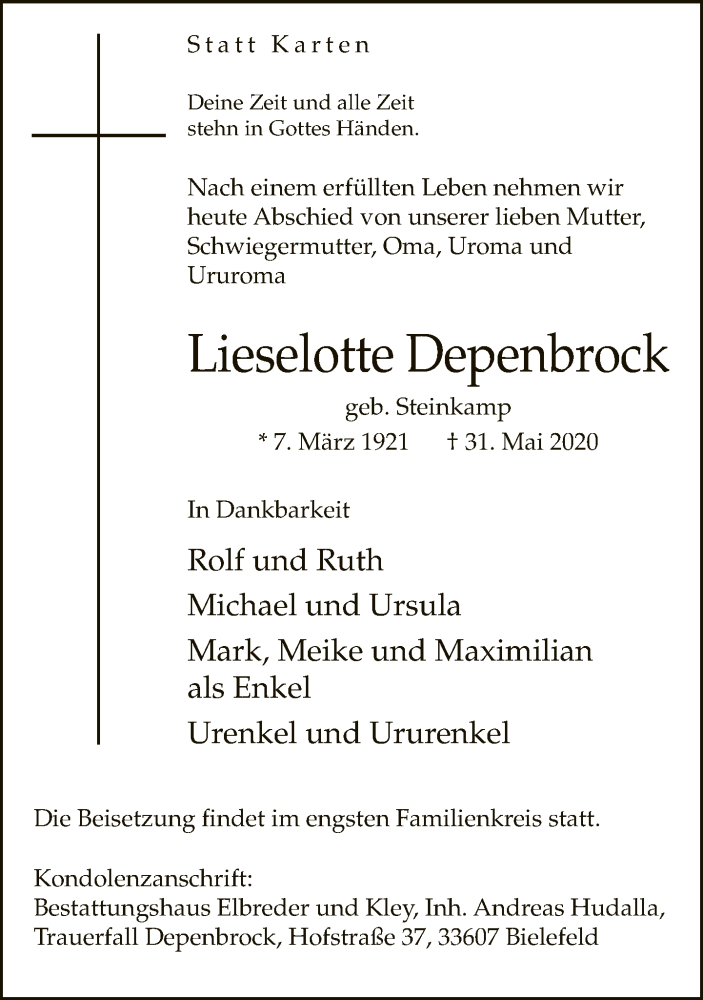  Traueranzeige für Lieselotte Depenbrock vom 06.06.2020 aus Neue Westfälische