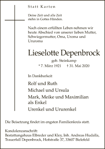 Traueranzeige von Lieselotte Depenbrock von Neue Westfälische