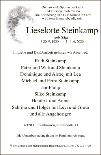 Traueranzeige von Lieselotte Steinkamp von Neue Westfälische