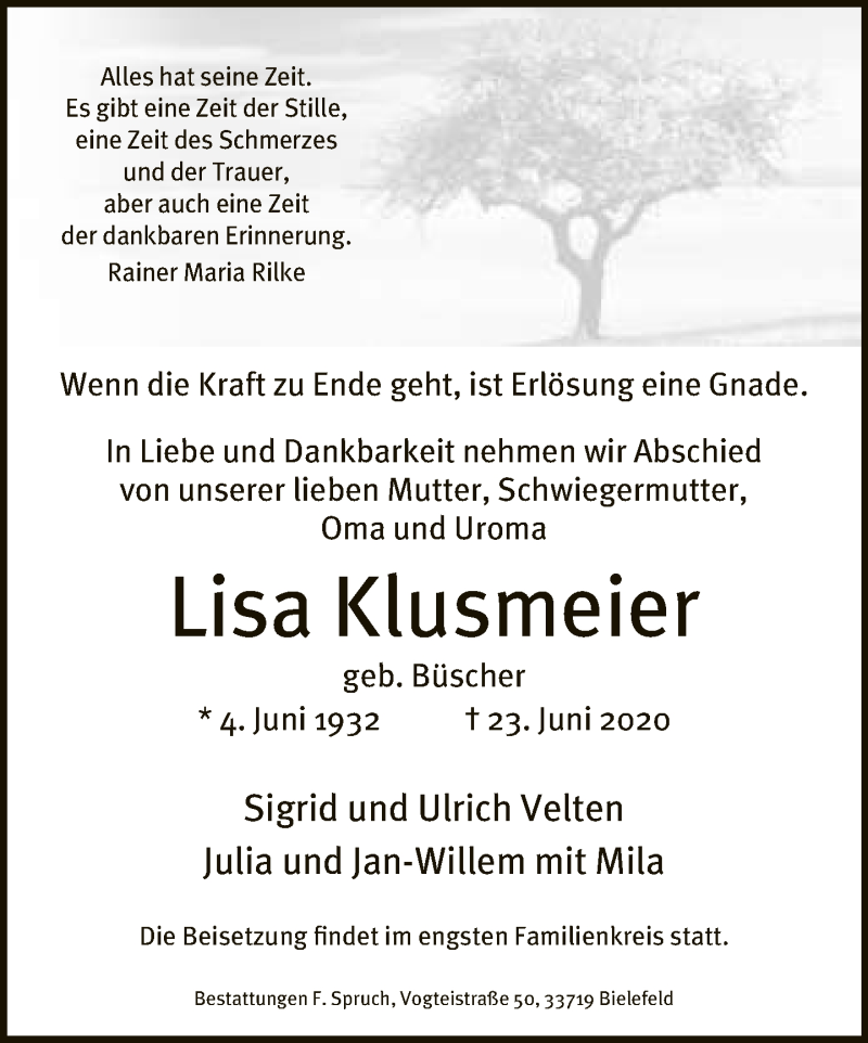  Traueranzeige für Lisa Klusmeier vom 27.06.2020 aus Neue Westfälische