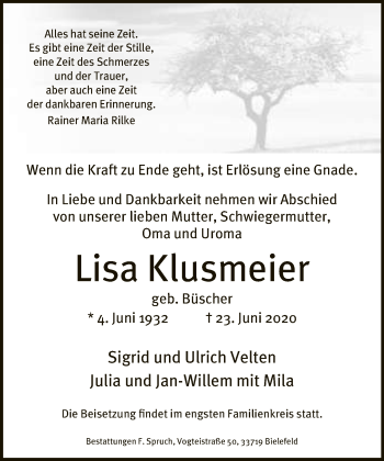 Traueranzeige von Lisa Klusmeier von Neue Westfälische