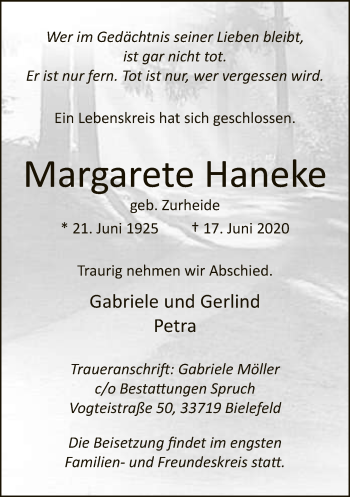 Traueranzeige von Margarete Haneke von Neue Westfälische