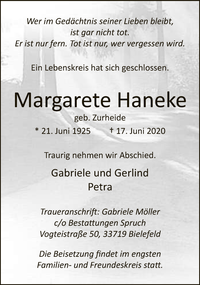  Traueranzeige für Margarete Haneke vom 20.06.2020 aus Neue Westfälische