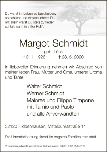 Traueranzeige von Margot Schmidt von Neue Westfälische