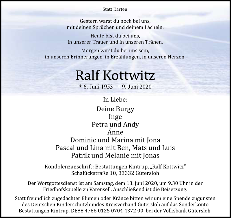  Traueranzeige für Ralf Kottwitz vom 11.06.2020 aus Neue Westfälische