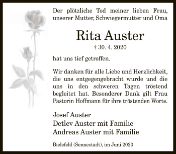 Traueranzeige von Rita Auster von Neue Westfälische