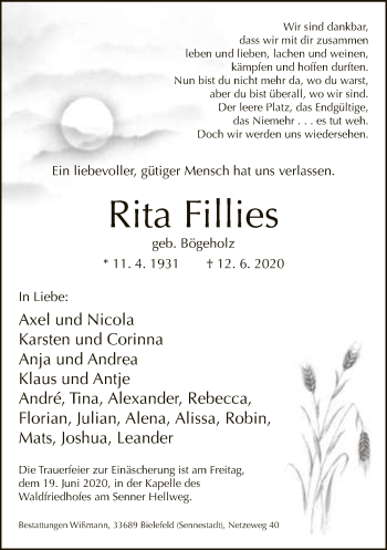 Traueranzeige von Rita Fillies von Neue Westfälische