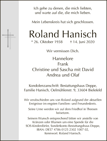 Traueranzeige von Roland Hanisch von Neue Westfälische