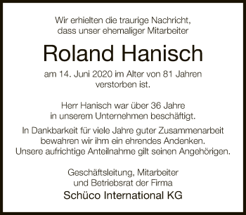 Traueranzeige von Roland Hanisch von Neue Westfälische
