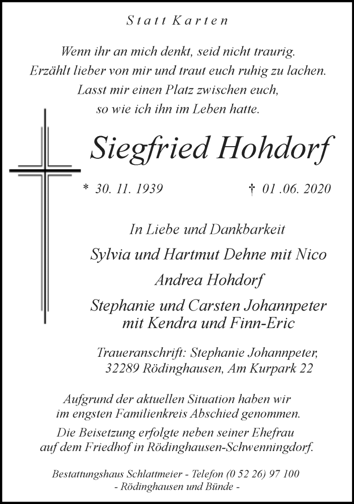  Traueranzeige für Siegfried Hohdorf vom 06.06.2020 aus Neue Westfälische