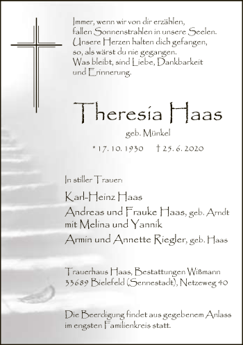 Traueranzeige von Theresia Haas von Neue Westfälische