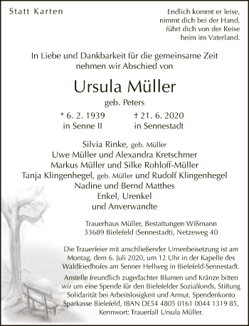Traueranzeige von Ursula Müller von Neue Westfälische