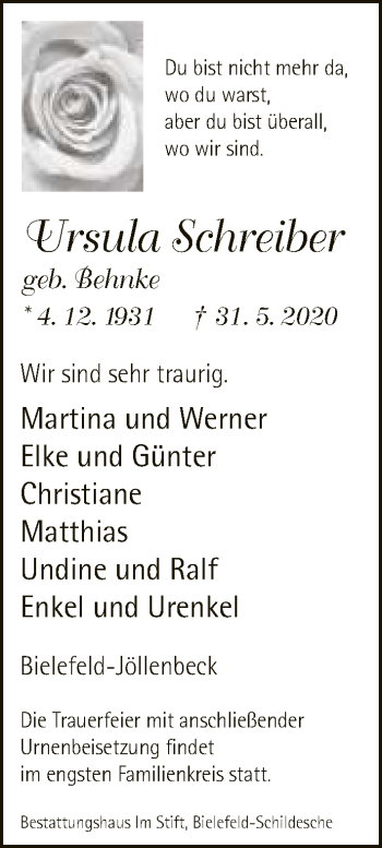 Traueranzeige von Ursula Schreiber von Neue Westfälische