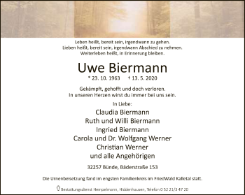 Traueranzeige von Uwe Biermann von Neue Westfälische