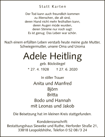 Traueranzeige von Adele Heitling von Neue Westfälische
