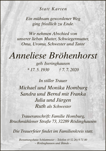Traueranzeige von Anneliese Bröhenhorst von Neue Westfälische