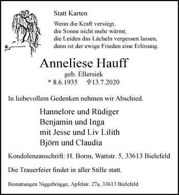 Traueranzeige von Anneliese Hauff von Neue Westfälische