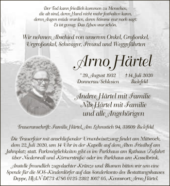 Traueranzeige von Arno Härtel von Neue Westfälische