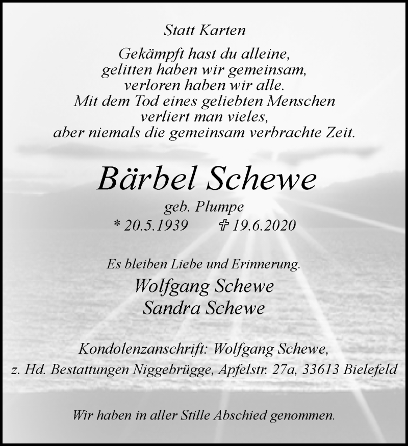  Traueranzeige für Bärbel Schewe vom 04.07.2020 aus Neue Westfälische