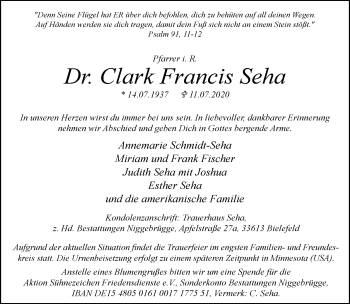 Traueranzeige von Clark Francis Seha von Neue Westfälische