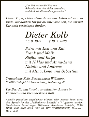 Traueranzeige von Dieter Kolb von Neue Westfälische